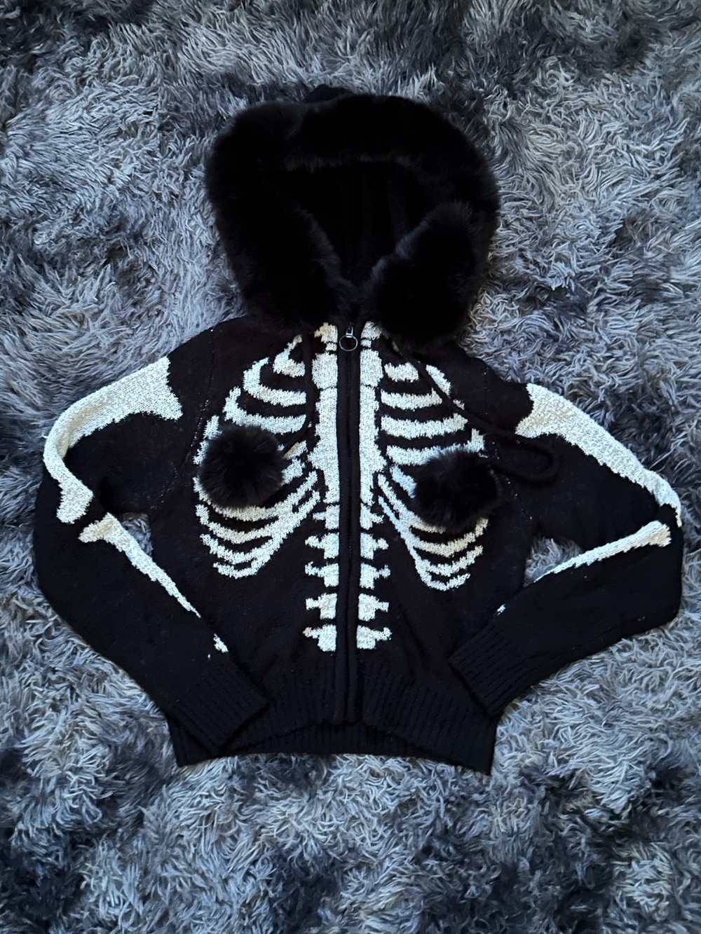 Black Knit Skeleton Zip Hoodie with Fur Hoodie